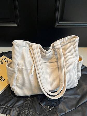 2025新款女士手提包，大容量通勤单肩包，小众设计休闲百搭简约时尚灯芯绒纹理长肩带拉链开合宽敞手提包，文艺休闲风格