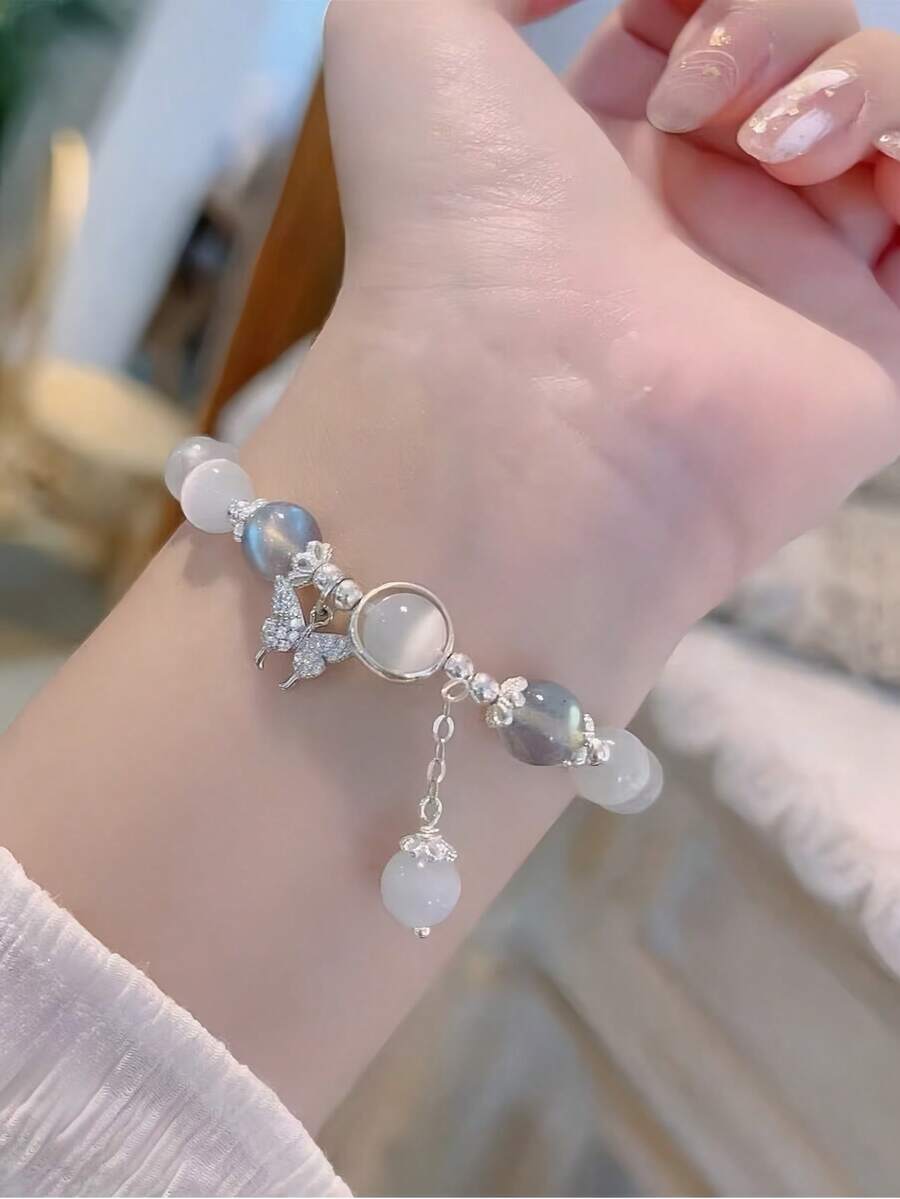 1 Stück handgemachtes Boho-Armband mit natürlichen Achat-Herz-Schmetterlingen für Frauen, elastisches Armband, Armband mit Grau-Mondstein-Perlen, Armreif, vielseitiger eleganter Stil, Edelstahl-Armband, Hochzeitsarmband, Freundschaftsarmband, perfektes Geschenk für Frauen und Feiertagsgeschenke, vielseitiger eleganter Stil