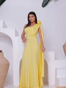 Women's Long Party Dress 3D Flower One Shoulder Cape Lined Cup Side Slit Simple Elegant Cloth Party Dress Wedding Party Graduation Prom Wedding Guest - 黃色 - 查看 5