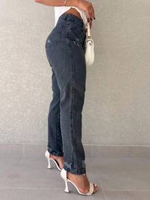 Kissmelady 8419 Tapered Jeans Zipper Women's Mom Jeans With Scratches 8419 - 黑色 - 查看 7