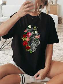 Anatomical Heart Floral Organ Cardiology Cardiac Nurse T-Shirt, Graphic Tees Women - 黑色 - 查看 1