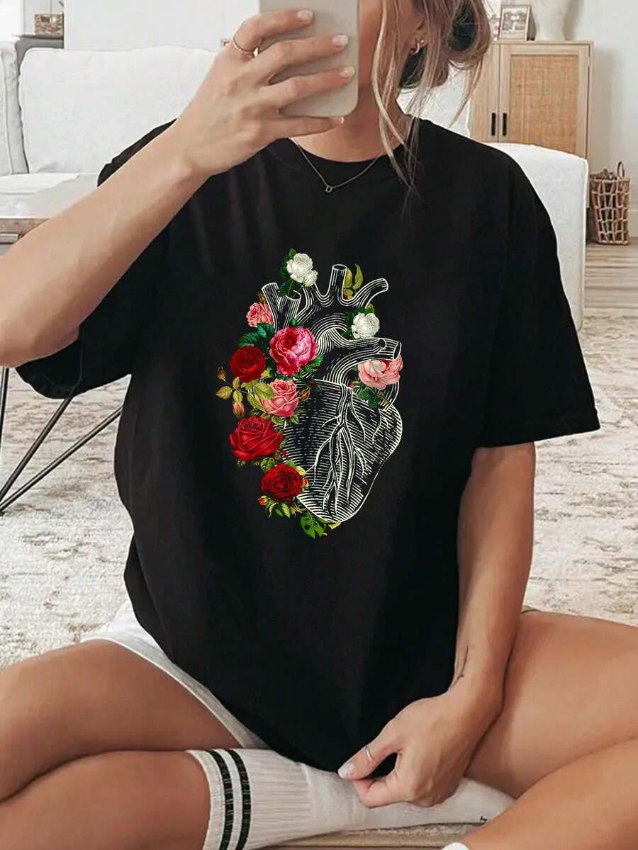 Anatomical Heart Floral Organ Cardiology Cardiac Nurse T-Shirt, Graphic Tees Women - 黑色 - 查看 1