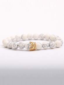 1 件天然绿松石珠手链，金皇冠弹性手链 - 白色 - 查看 4