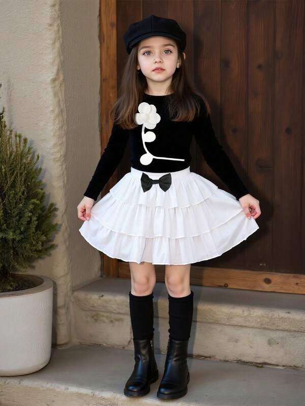 2 قطعة ملابس خريفية للبنات: ملابس علوية كم طويل مزينة بزهور ثلاثية الأبعاد + تنورة متعددة الطبقات على شكل كعكة، مناسبة لحفلات عيد الميلاد والمناسبات