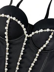 Women Rhinestone And Pearl Smooth Bustier Crop Top Corset Bra Party Concert Camisole