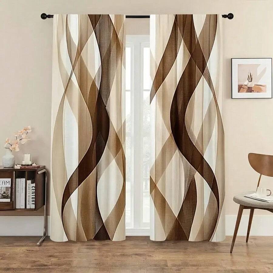 2PCS Elegant Dark Curtains With Brown And Brown Wave Print Patterns, Suitable For All Seasons Decoration, Suitable For Living Rooms, Bedrooms, Etc. - Machine Washable, Pole Pocket Design, Suitable For Curtains In Living Rooms