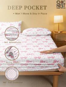 1件白色粉色蝴蝶结图案床笠，床垫保护套，情人节爱心床垫罩，柔软透气，适用于单人床、双人床、大号床、特大号床，深口袋设计，家纺产品，适合宿舍床铺 - 淺粉色 - 查看 4