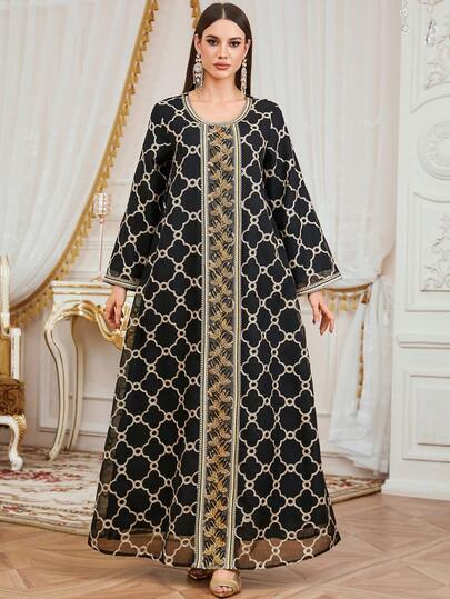 女士中东阿拉伯亮片拼接几何图案长袖连衣裙，优雅长袍，适合斋月、开斋节、宰牲节、休闲、派对