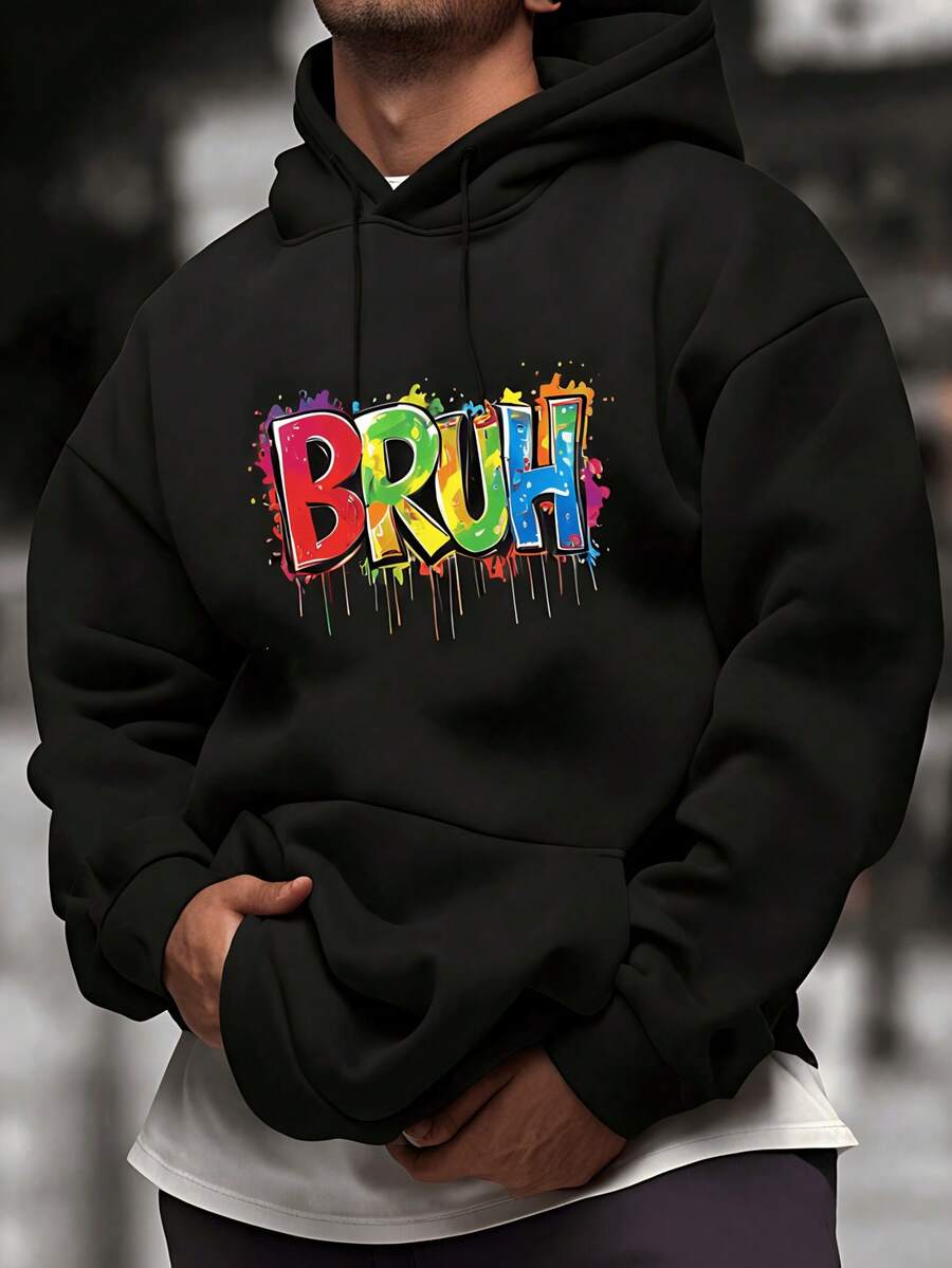 Unisex Colorful Bruh Text On Hoodie Fun Sweatshirt Classic Long-Sleeved Casual - 黑色 - 查看 1