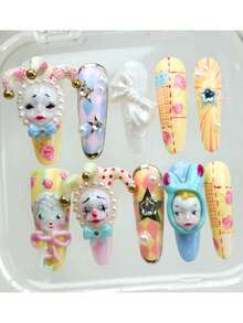 浮雕油画风格小丑可爱美甲贴纸 5D 卡通复古美甲贴花 油画小羊丝带蝴蝶结玫瑰 DIY 美甲装饰浮雕美甲用品 女士/女孩沙龙美甲 - 彩色 - 查看 5