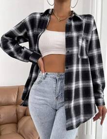 Womens Fashion Flannel Buffalo Plaid Shirt Button Down Long Sleeve Casual Loose Collared Shirts Blouse Top