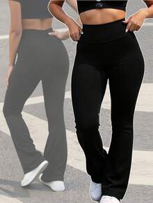 Plus Size Women's Fashion High Waist Yoga Pants, High Elasticity Flared Leggings, Multifunctional Cycling Sports Outdoor Tights Suitable For Yoga, Pilates, Gym - Black - View 3