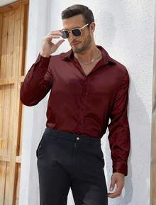 Mens Silk Satin Shirts Long Sleeve Button Down Loose Fit Dress Shirt Luxury Party Prom Wedding Shirtshalloween - 酒紅色 - 查看 9