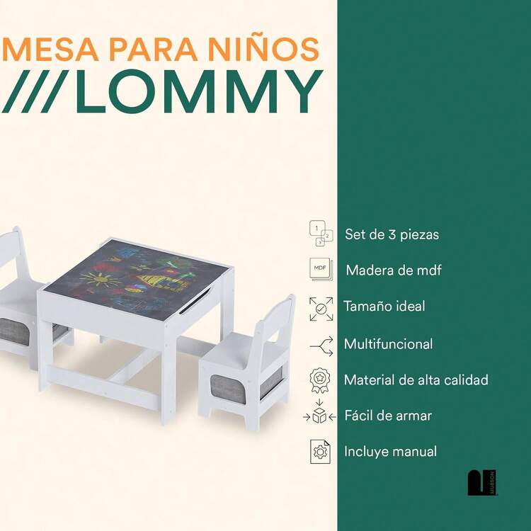 MUBSON Mesa para Niños de Madera con 2 Sillas y Organizador Central para Juguetes de Alta Resistencia. Mesa Infantil Multiusos Lommy para Jugar, Leer y Comer. Comedor Infantil. Juguetero Organizador - 1 - Añade 1