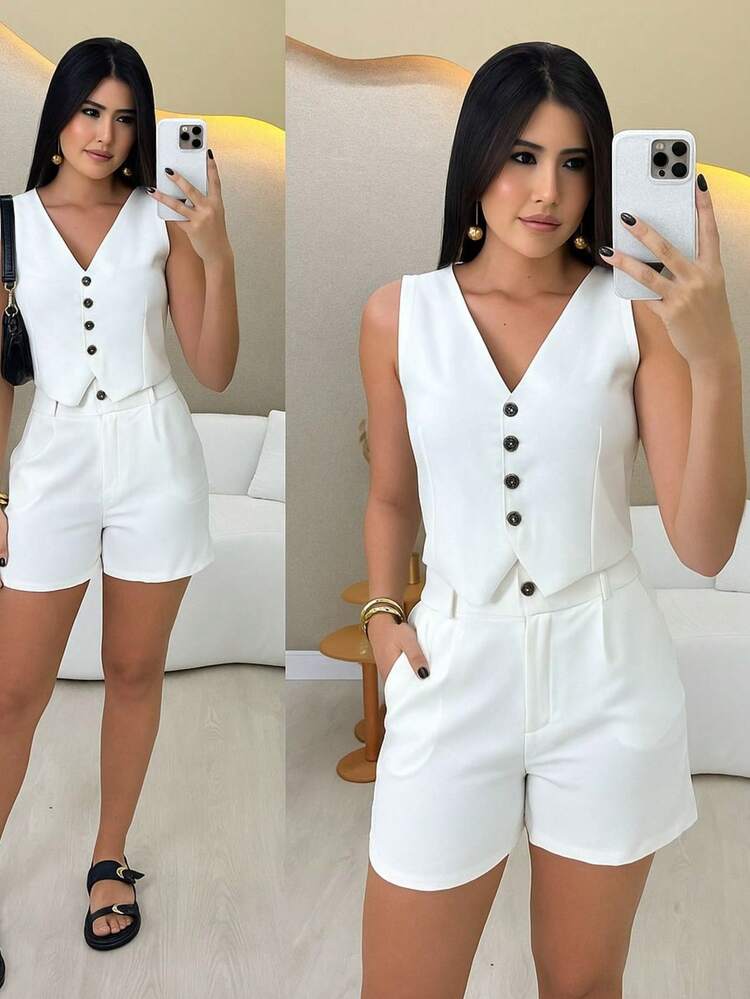 Conjunto Alfaiataria Feminino Casual Colete e Short Verão 2025 - Branco - Visão 1