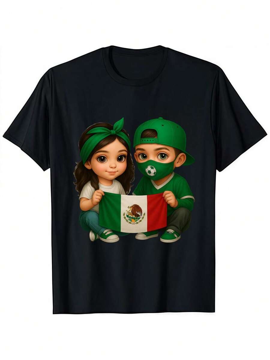 Fashion Designer T-Shirts - Cotton Graphic Tees with Kids Holding Mexico Flag with Soccer Ball Tee,Crewneck,Casual,Ideal for Everyday Wear, Tropical  Gifts