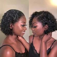 Chic Short Pixie Cut Curly Wave Wig For Women 13x4x1 T-Part Lace Front, Remy Human Hair, Natural Black, Versatile Hairstyle | Voluminous Short Wig | Stylish Wig Design For Daily Wear & Cosplay & Parties & Music Festival & Christmas Party Wig - Natural Black - 查看 7