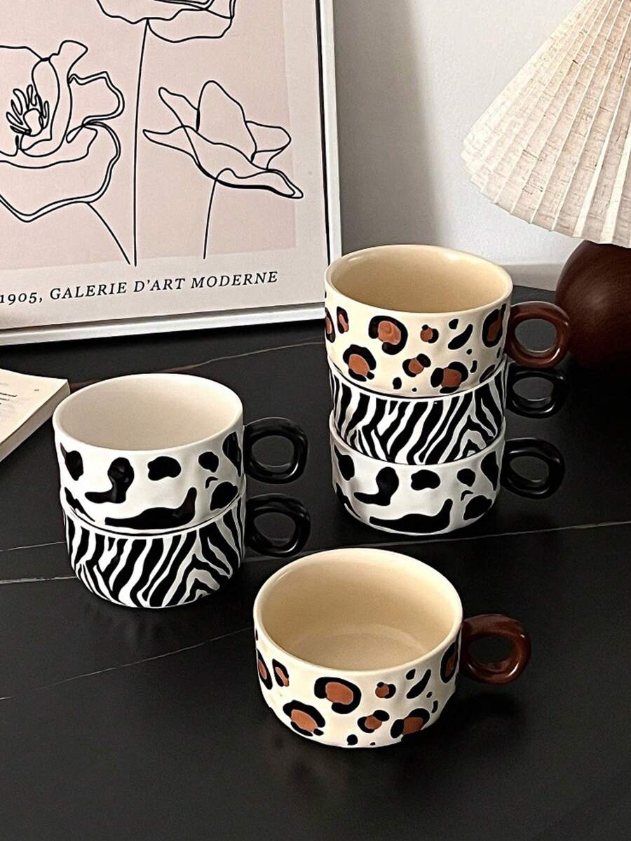 1 件手工陶瓷豹纹咖啡杯，创意设计适合咖啡、下午茶、汤、休闲时光、抹茶和冷饮 - 彩色 - 查看 1