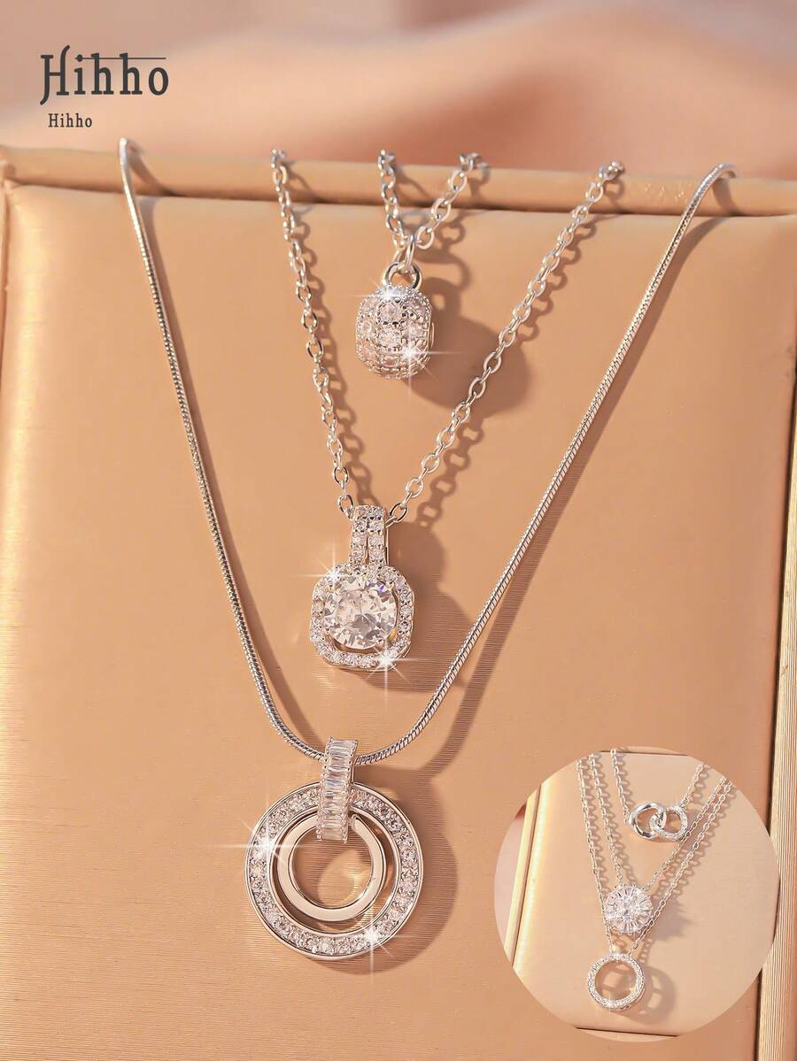 Hihho 3 款时尚优雅项链，锆石镶嵌双环圆球设计，个性化创意女士项链套装，奢华珠宝礼物 - 銀色 - 查看 1