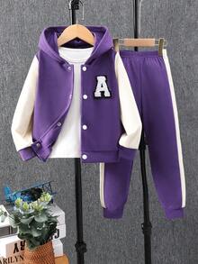 2pcs/Set Young Girl' Hooded A-Line Zip-Up Hoodie + Contrast Color Pants Casual Outfit
