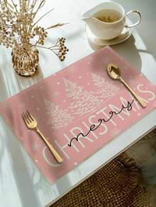 1/4/6/8/12pcs Pink Christmas Tree Print Placemats, Cute Pink Merry Christmas Placemats, Christmas Tree Elements, Washable Placemats, Suitable For Holiday Kitchen Table Decoration Settings, 12.6x16.5inch