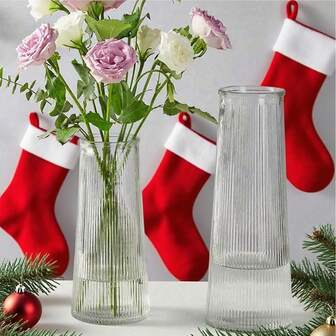 1 pieza Jarrón de vidrio decorativo navideño: acanalado y texturizado, ideal para arreglos florales, decoración del hogar y navideña