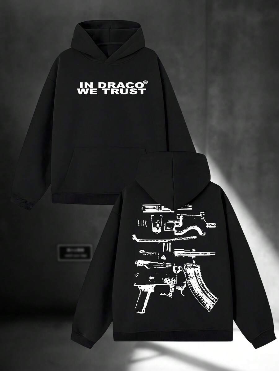 In Draco We Trust   Fashion Men's Casual Long-Sleeved Hooded Pullover Sweatshirt (250g Polyester) Is Suitable For Outdoor Sports And Is An Ideal Choice For Autumn And Winter Printing - 黑色 - 查看 1