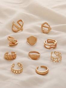 10pcs/Set Geometric Curve Rings, Hinged Rings, Exaggerated Open Rings, Unique Jewelry Design, Suitable For Women's Daily Wear - 10 Rings - View 8