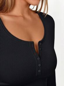 Long Sleeve Shirts For Women Henley Ribbed Fall Tops Dressy Business Casual Teen Girl Winter Cute Basic Tees - 黑色 - 查看 5