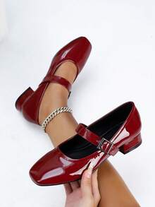 1 Par de Sapatos Boneca Marrom Vinho e Preto Clássicos de Couro Envernizado Femininos, Estilo Retrô Elegante Francês, Bico Quadrado Salto Grosso de 3cm, Elegante e Versátil para Trabalho e Transporte