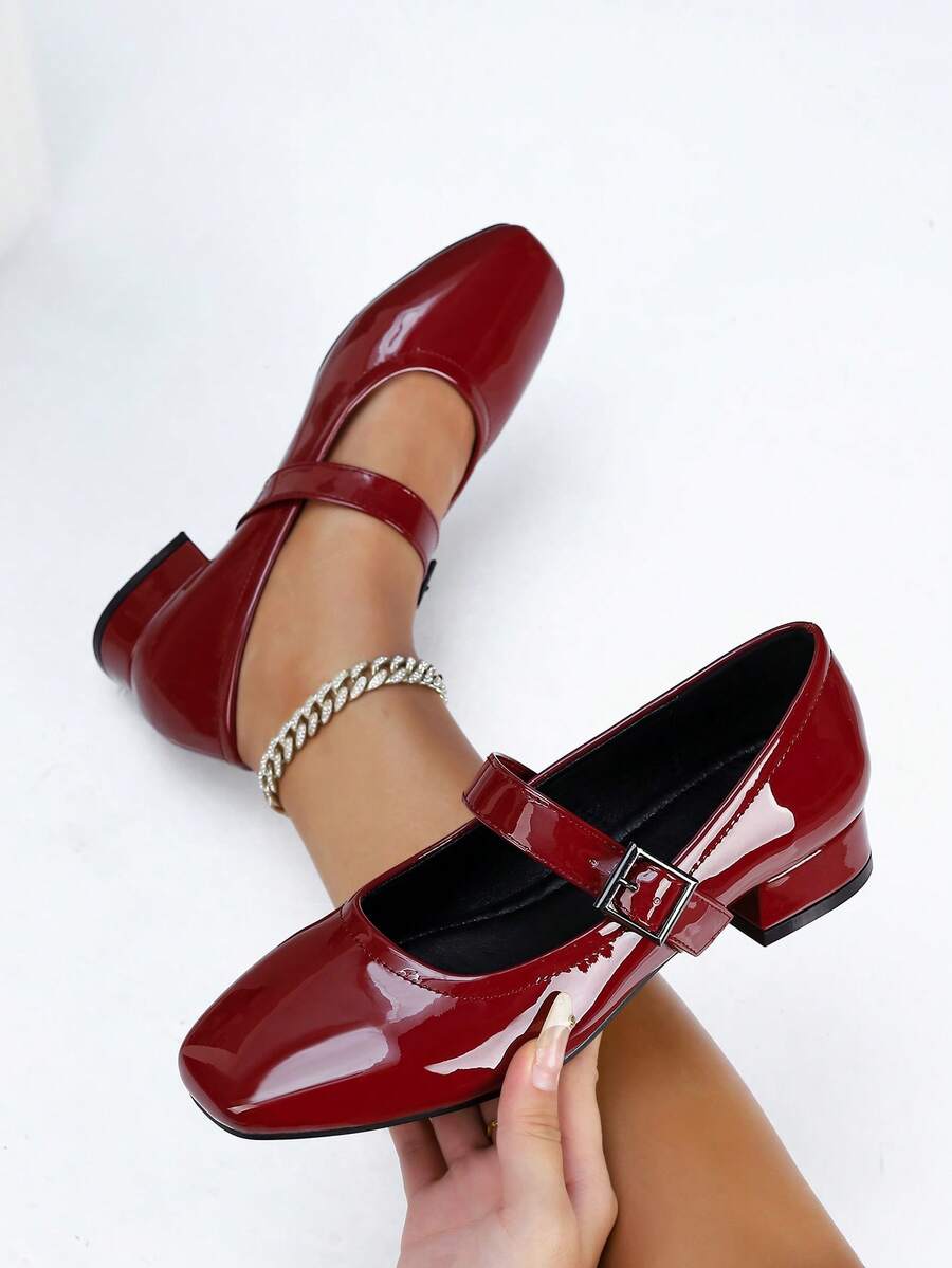 1 Par de Sapatos Boneca Marrom Vinho e Preto Clássicos de Couro Envernizado Femininos, Estilo Retrô Elegante Francês, Bico Quadrado Salto Grosso de 3cm, Elegante e Versátil para Trabalho e Transporte