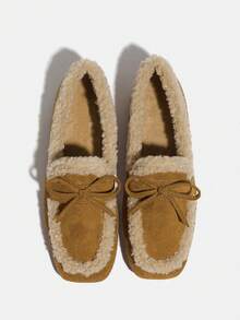 女士时尚复古绒面革毛绒保暖一脚蹬乐福鞋，棕色方头百搭舒适蝴蝶结平底鞋，2025 年秋冬新品 - 棕色 - 查看 8