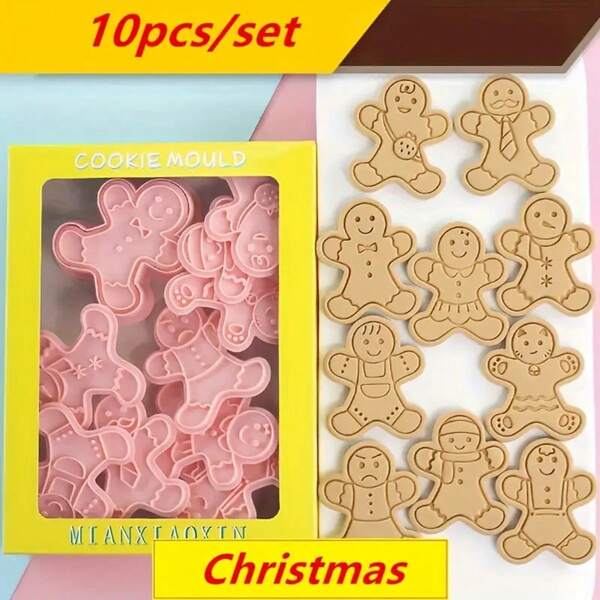 Set de 10 moldes para galletas de jengibre navideñas, cortadores de galletas navideñas de dibujos animados, herramientas de horneado de fondant 3D, material de PP, herramientas de decoración de pasteles con forma de galletas de jengibre DIY, herramientas de horneado de prensa manual de fondant y pastelería, cortadores de galletas con glaseado, herramientas de impresión de fondant, multiusos para cortar platos de frutas/galletas/pasteles, ideal para fiestas o reuniones