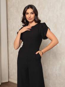 Women's Jumpsuit In Plain Marrant, Pocket, Pantaloons With Petal Sleeves, Simple Pocket Office - 黑色 - 查看 5