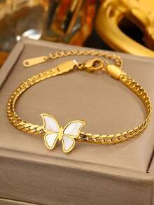 RAYQUEEN 1 pieza Conjunto de collar y pulsera de metal minimalista de alta calidad con mariposa blanca única y de moda, adecuado para uso diario - Dorado - Ver 7