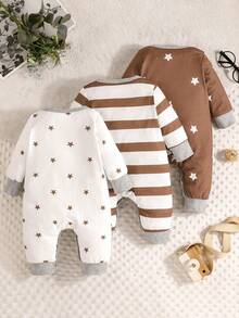 3件套男婴休闲舒适条纹星形图案长袖连体衣，轻薄透气，适合春夏穿着 - 彩色 - 查看 3