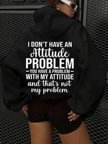 Women's Casual Hooded Long Sleeve Pullover Sweatshirt,Printed With Attitude Slogans,Suitable For Autumn Wear. - 黑色 - 查看 2