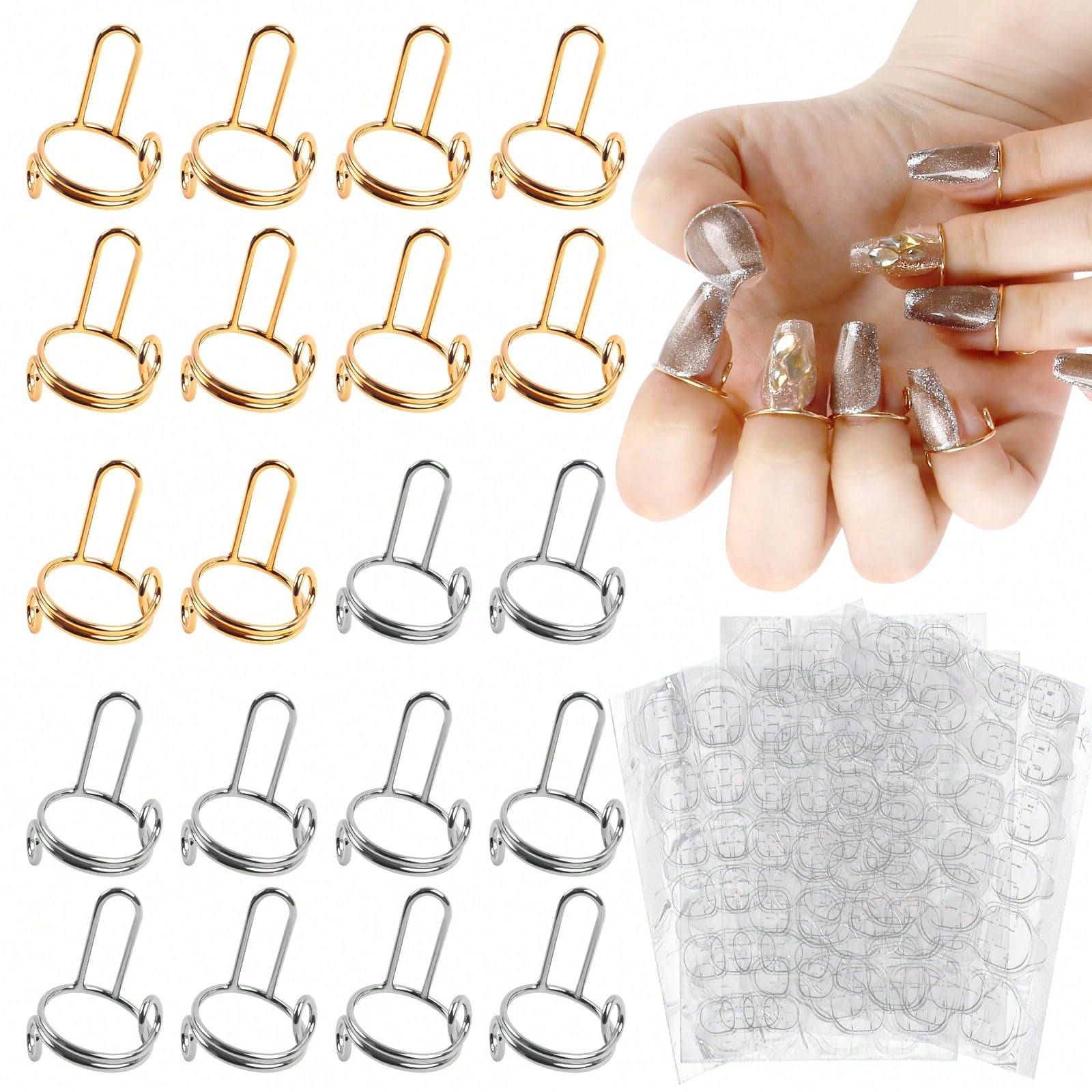 20Pcs Wudu Nail Rings With 120PCS Adhesive Nail Tabs No Glue Adjustable Wudu Fingernail Rings Set For Acrylic Nail, Non-Tarnish Metal Nails Rings For Women Nail Art Decoration