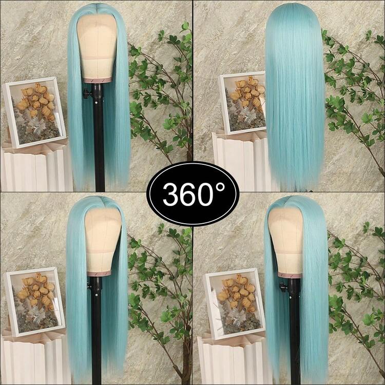 13x4 Free Part Mint Green Long Straight Lace Front Wigs Glueless Long Silky Straight Wigs Pre Plucked HD Lace 180% Density Light Green Wig Soft Free Part Wear And Go Lace Front Wigs For Fashion Women Party & Daily Wear 26 Inch - băng xanh - Xem 8