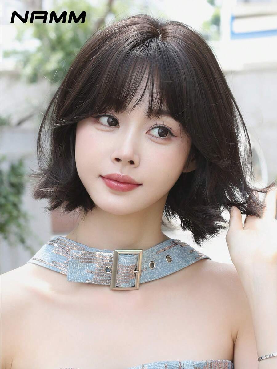 NAMM 12 Inch Short Curly Wigs For Women - Modest Fashion Wave Wig Curtain With Bangs,Dark-Brown Soft Silky Heat-Resistant Synthetic Fiber Wigs For Daily Use, Perfect For Holidays Music Festivals Celebrations-Sakura Celebrations Glam & Party Street Wear Photography Use - 棕色 - 查看 1