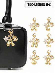 Gold Bubble Letter Cute Necklace Pendant Bag Charm - Lucky Crystal Pendant Decorated With Natural Seashell And Starfish Accessories, Letter A-Z, Essential Beach Outfit Accessory, Bohemian Vintage Style - Multicolor - View 1