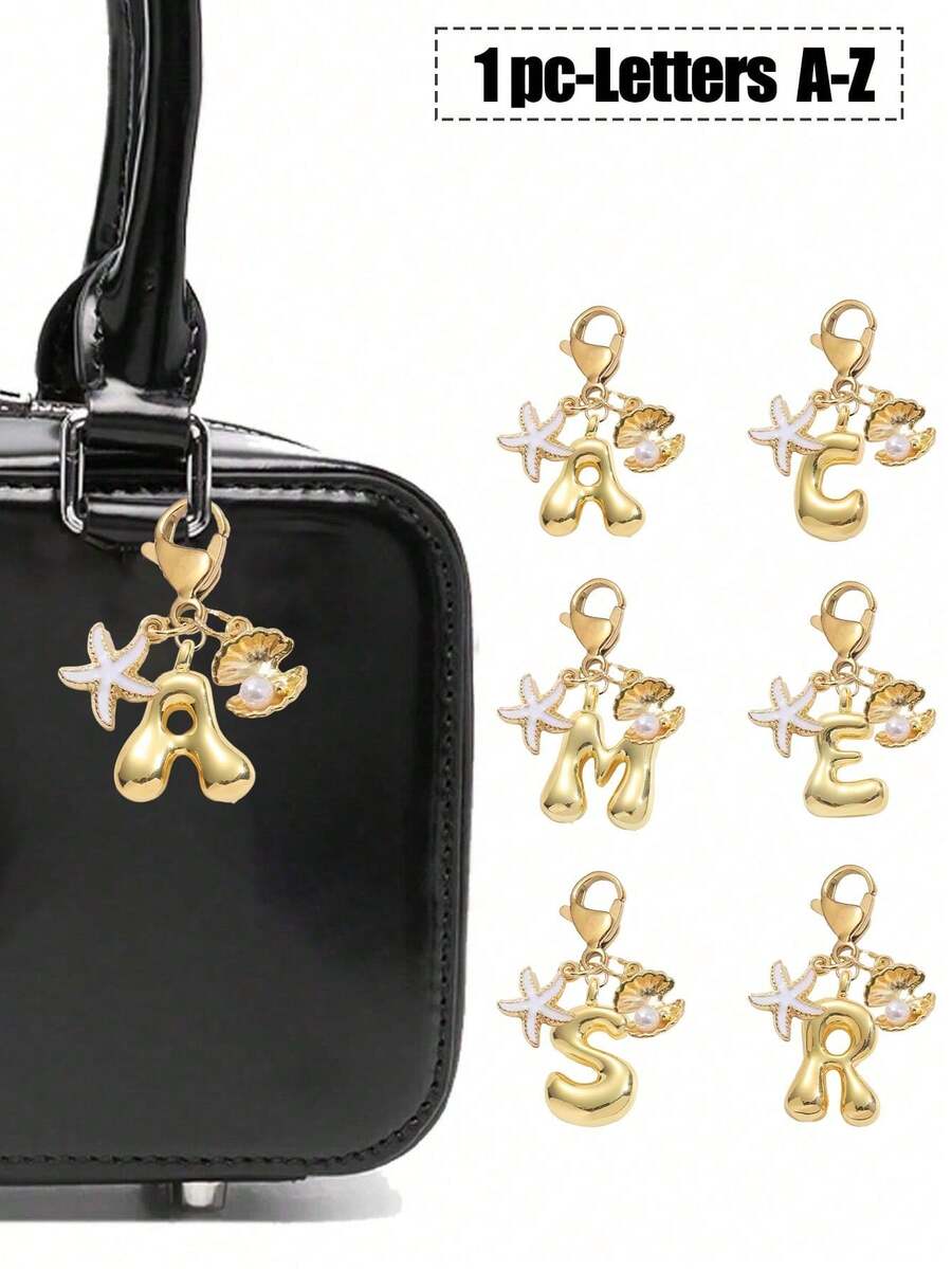 Gold Bubble Letter Cute Necklace Pendant Bag Charm - Lucky Crystal Pendant Decorated With Natural Seashell And Starfish Accessories, Letter A-Z, Essential Beach Outfit Accessory, Bohemian Vintage Style - Multicolor - View 1