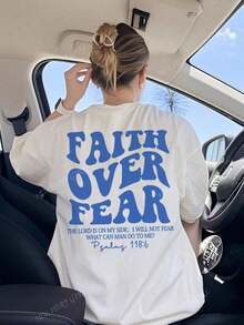 180g Faith Over Fear Christian Graphic-Shirt |   Women's Casual Vacation Bible Verse Tee |   Summer Round Neck Short Sleeve Top Summer-Shirt Women Casual Loose Top Letter Print Tee - 白2 - 查看 1