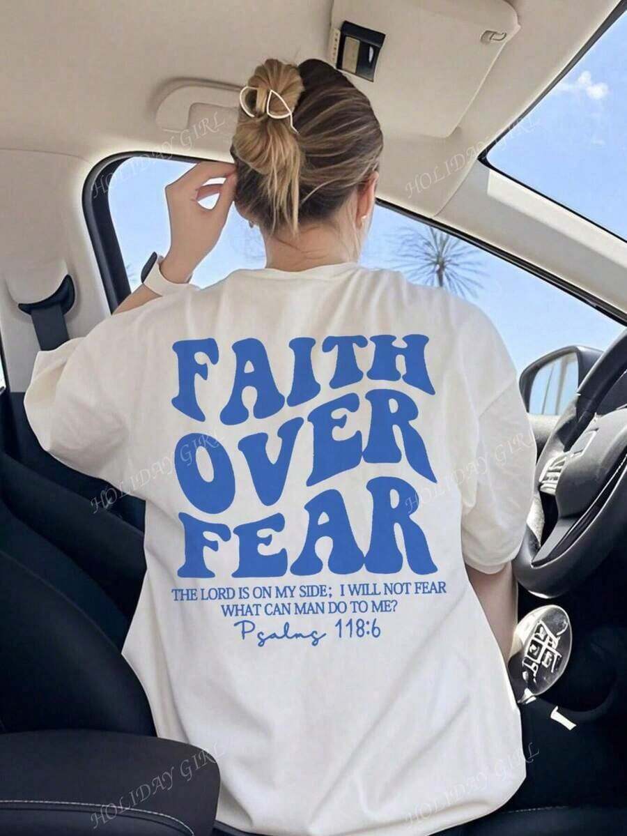 180g Faith Over Fear Christian Graphic-Shirt |   Women's Casual Vacation Bible Verse Tee |   Summer Round Neck Short Sleeve Top Summer-Shirt Women Casual Loose Top Letter Print Tee - 白2 - 查看 1