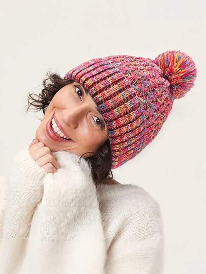 1 件女士冬季保暖腈纶针织帽，带绒球，松紧带无檐帽，时尚无袖贝雷帽，适合秋冬季，可手洗 - 多色可选