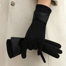1 Double Women's Elegant Touch Screen Gloves, Warm In Winter, Thermal Lined, Elastic, Solid Color, Bow Design, Breathable Weave, Suitable For Leisure Outing, Cycling, Driving