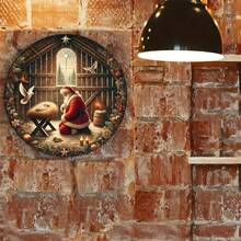 1 Aluminum Sign - Santa Claus Kneeling In Manger Scene, 8x8inch Round Metal Wall Decoration, Suitable Home, Bars, Cafes, Farmhouses -, Thanksgiving, Halloween Decoration And Holiday
