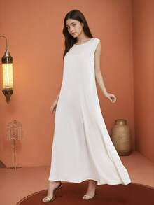 BEAUTY AMINAH 缎面百搭宽松吊带背心连衣裙，无袖丝绸休闲连衣裙 - 白色 - 查看 2