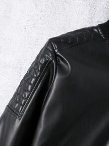 Purechapter 男童超大仿皮夹克，长袖外套，肩部褶皱设计，保暖衬里，立领拉链开合（无白色短袖） - 黑色 - 查看 4