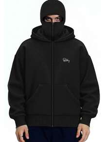 Y2K Street Double Hat Oversized Hoodie Black Full Face Mask Zip Hoodie With Embroidery - màu đen - Xem 1